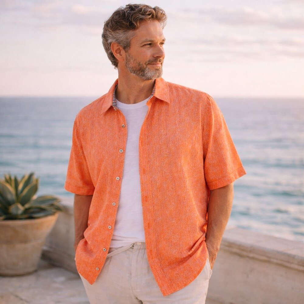 Robert Graham Shirt Jacquard Short Sleeve Button Down Orange SZ3X Classic